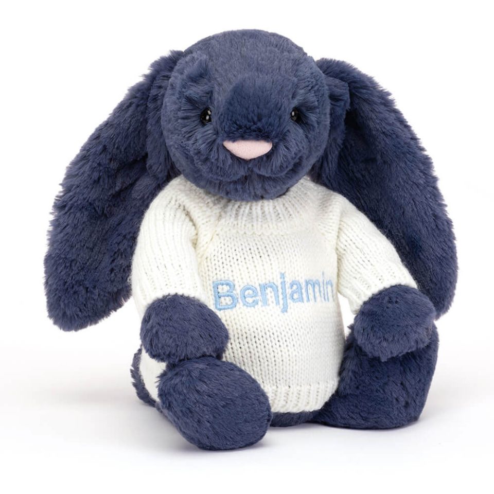 Bashful Navy Bunny with Personalised Cream Jumper